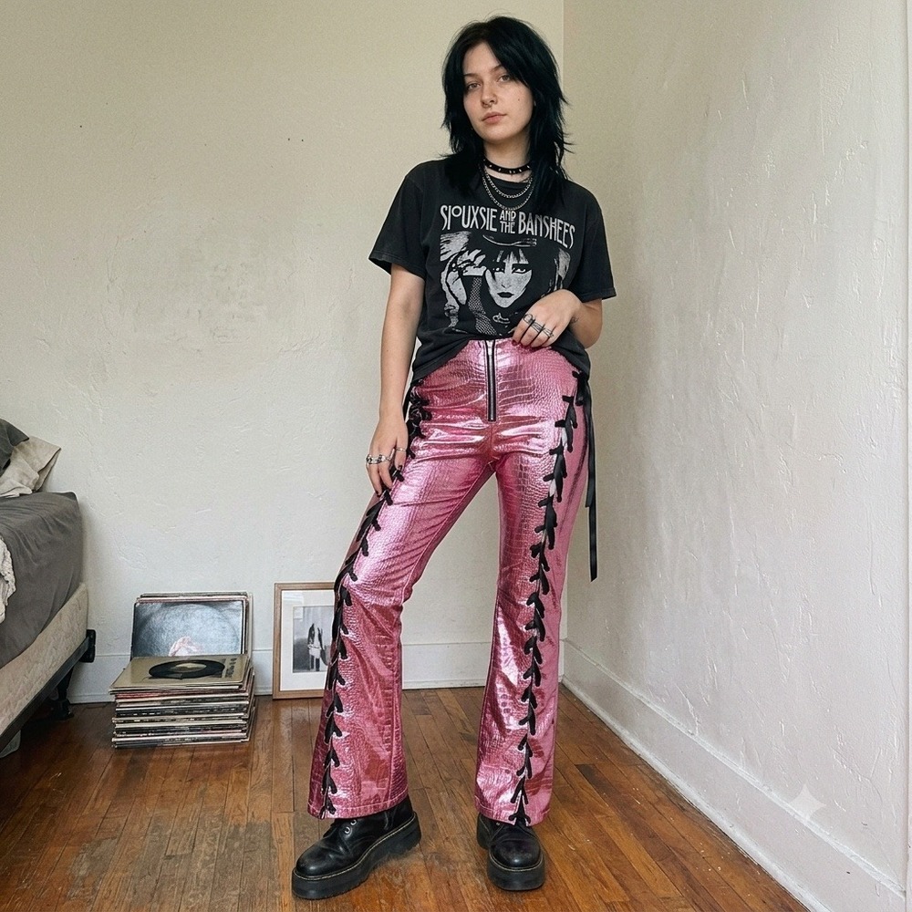 Black Friday Womens Scales Lace Up Pant 12 Pink Metallic Croc Flare Rave Goth